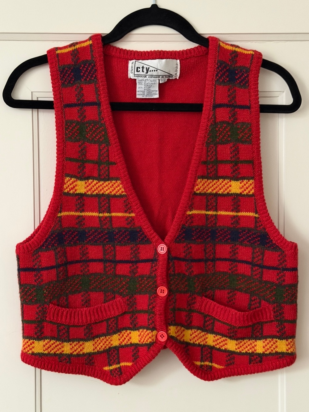 Ty Red Plaid Knit Vest with Yellow & Green Accents